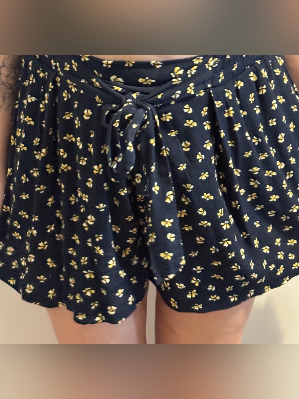 Zara Black Floral Tie-Waist Shorts with Yellow Print